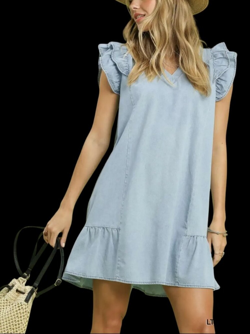 Umgee Chambray Ruffled Denim Dress with Side Pockets - Picture 4 of 4